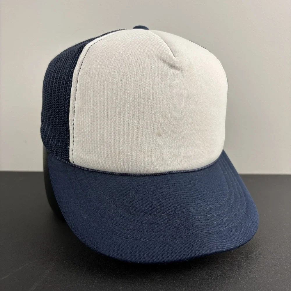 Vintage 80s Youth Blank Foam Trucker Hat Navy Blue White Mesh Snapback Cap